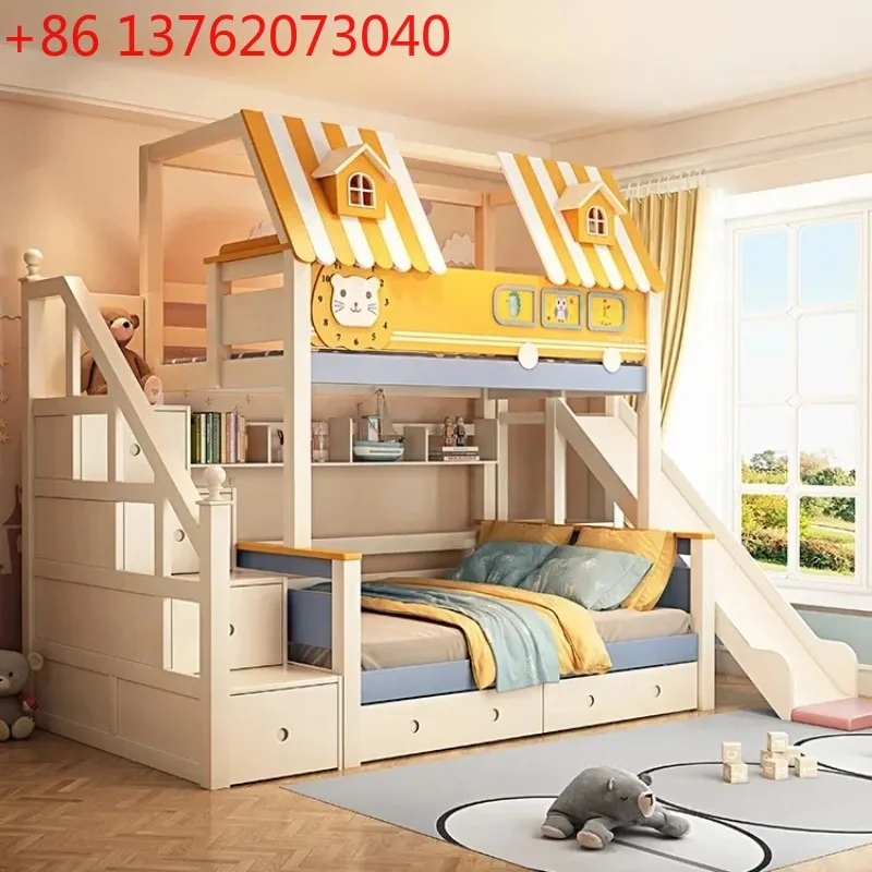 Bunk Bed With Stairs And Slide - 子供部屋用木製ロフトベッド、子供用木製二段ベッド、滑り台と階段付き、収納付き二段ベッド