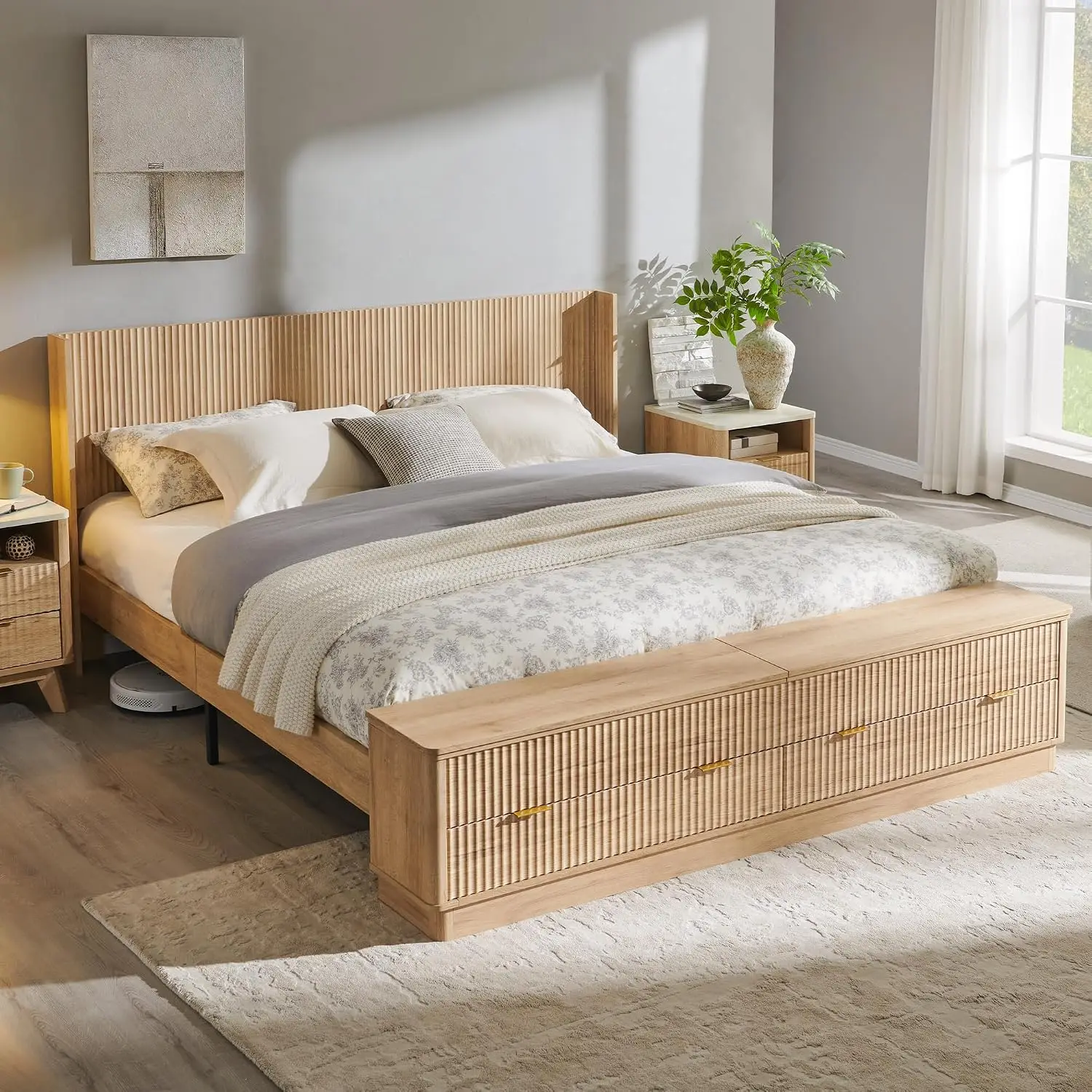 King Size Bed Frame With Storage Drawers - ヘッドボードと収納ベンチ付きの溝付きキングサイズベッドフレーム | ウィングバックデザイン、フットボード引き出しと収納部、木材とスチール