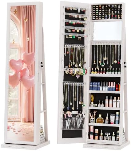 Full Length Mirror Jewelry Armoire - 4-in-1 ジュエリーキャビネット ジュエリーアルモア ロック可能 スタンド型、ホワイト |