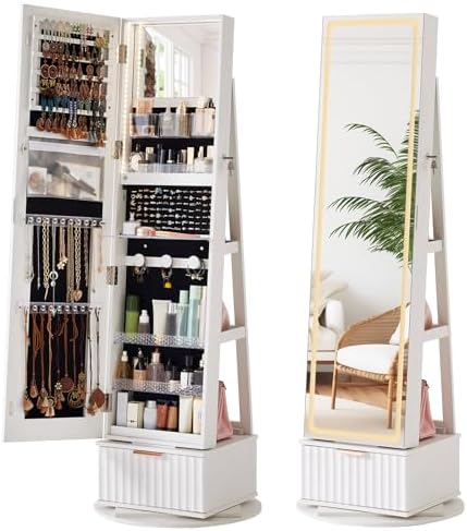 Full Length Mirror Jewelry Armoire - 溝付き360 ° 回転式ジュエリーアルモアキャビネット、全身鏡付き、ロック可能なジュエリーオーガナイザーと引き出し付き
