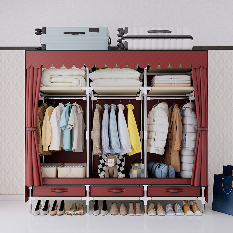 Wardrobe Closet Portable Fabric Cover - ポータブルワードローブ、洋服クローゼット、スチールフレーム、不織布ダストカバー、3つの吊り下げ棒、3つの引き出し、3つの収納スペース、狭い部屋に最適