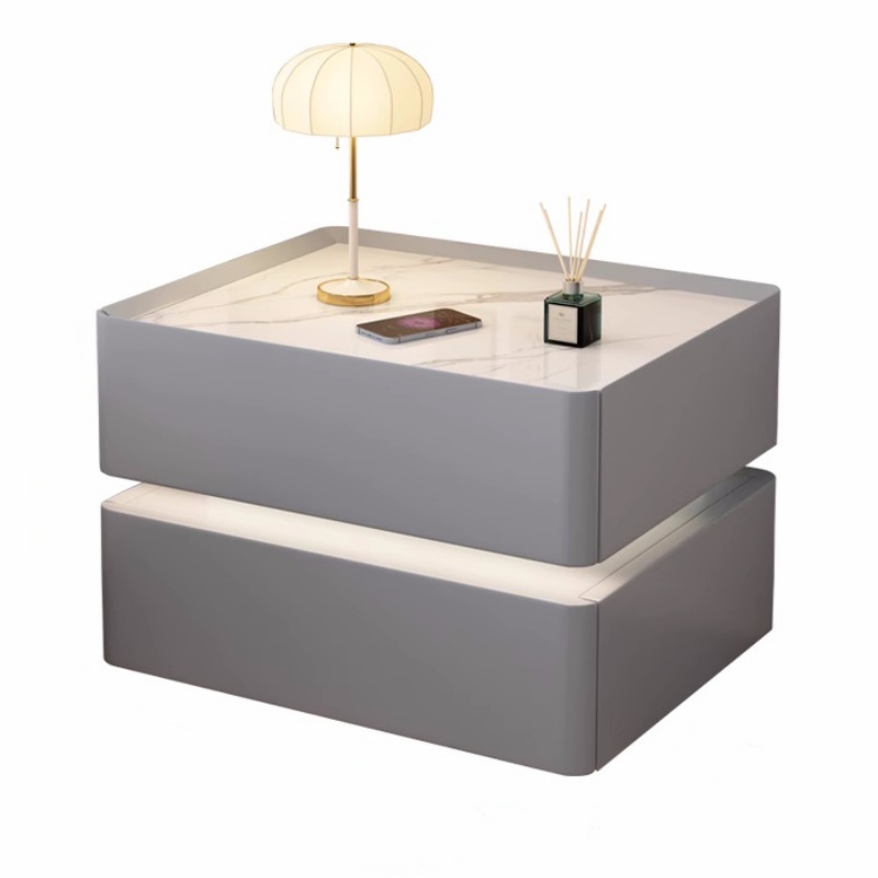 Solid Wood Nightstand 2 Drawers - 無垢材スマートベッドサイドテーブルモダンスタイル2引き出し寝室ナイトスタンドロック付きパッチカラーサイド収納キャビネット