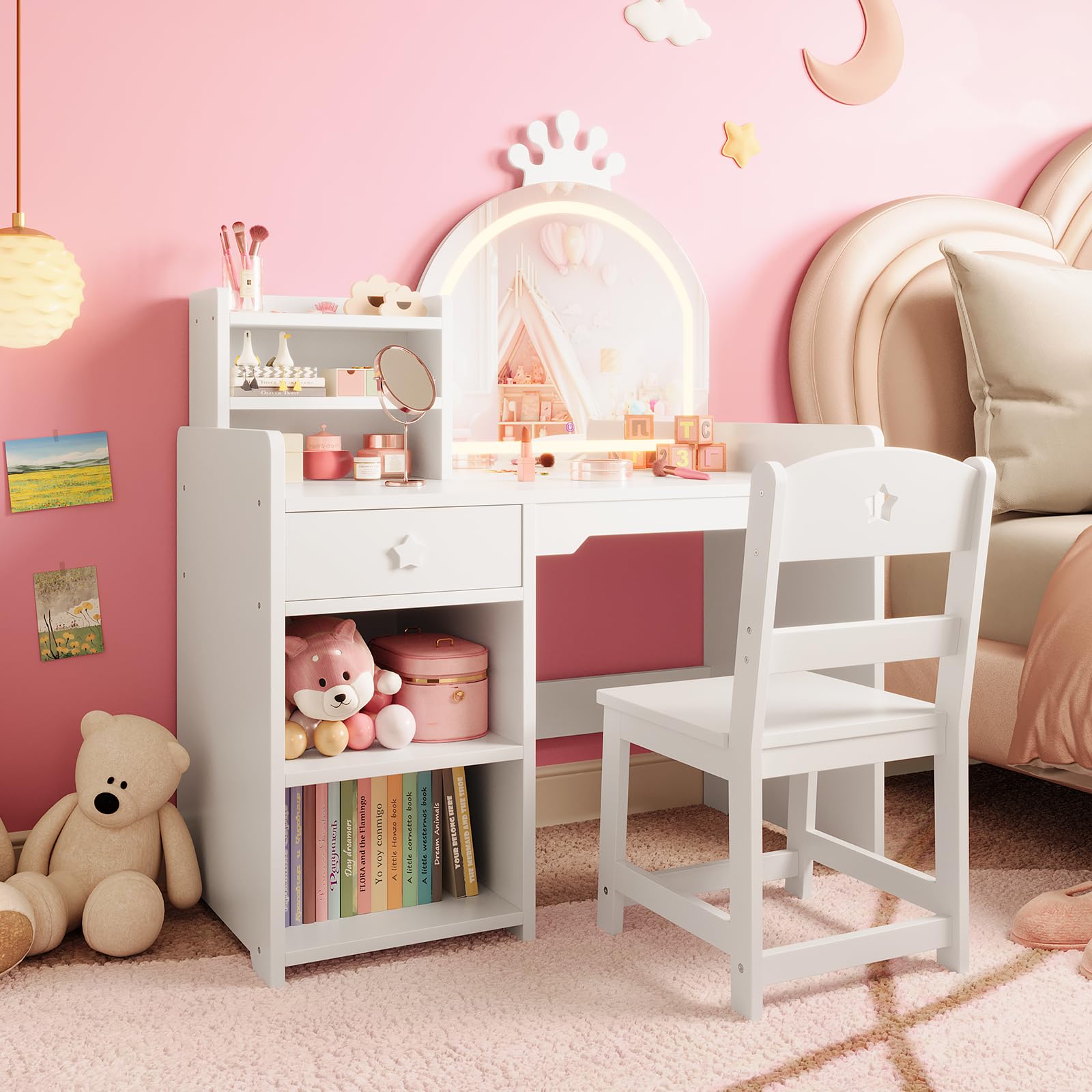 Dressing Table Vanity With Lighted Mirror - 子供用化粧台＆チェアセット - クラウン型LEDライト付きミラー、引き出し、本棚、収納キャビネット＆棚、女の子向けプリンセスメイクアップドレッシングテーブル