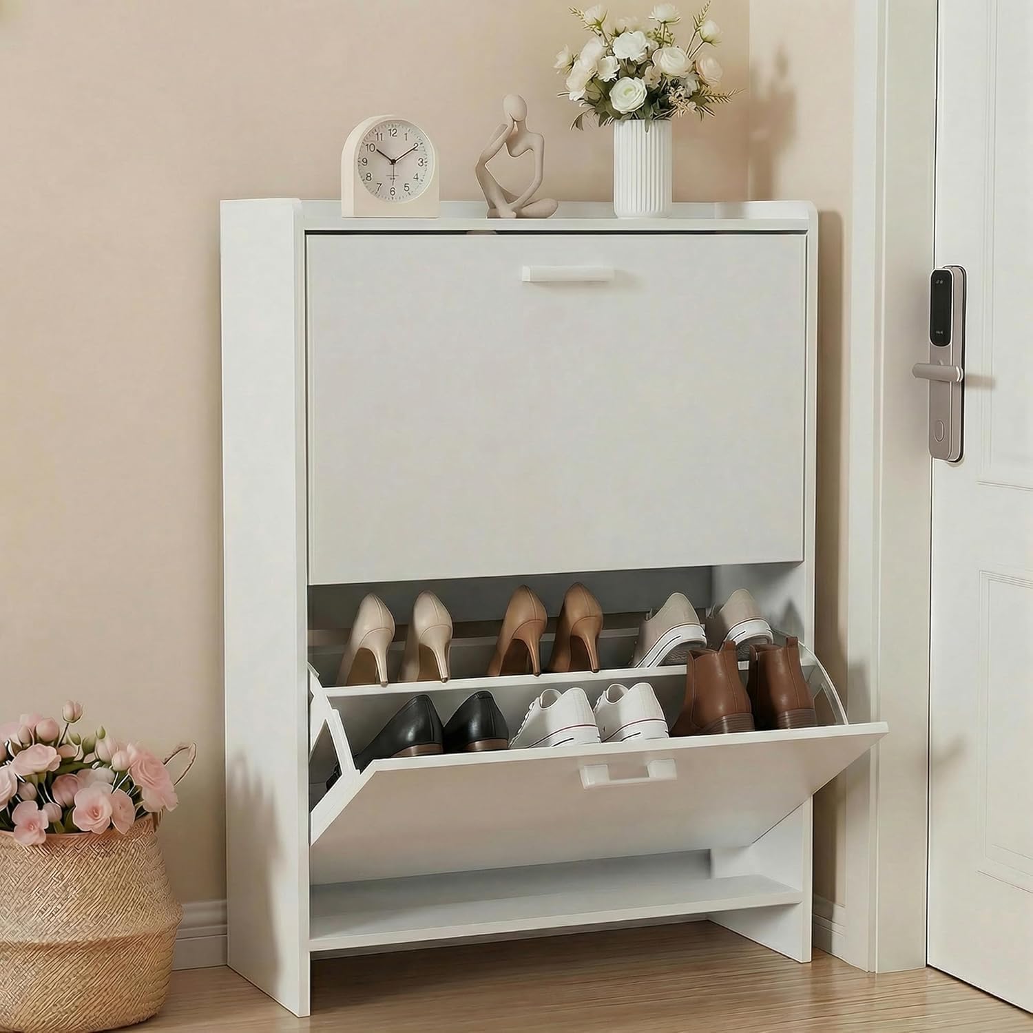 Shoe Rack Cabinet Narrow Entryway - # 狭い靴箱、2つの跳ね上げ式引き出し付き、玄関や廊下用の自立式隠し収納、省スペース、ホワイト、カスタマイズ可能