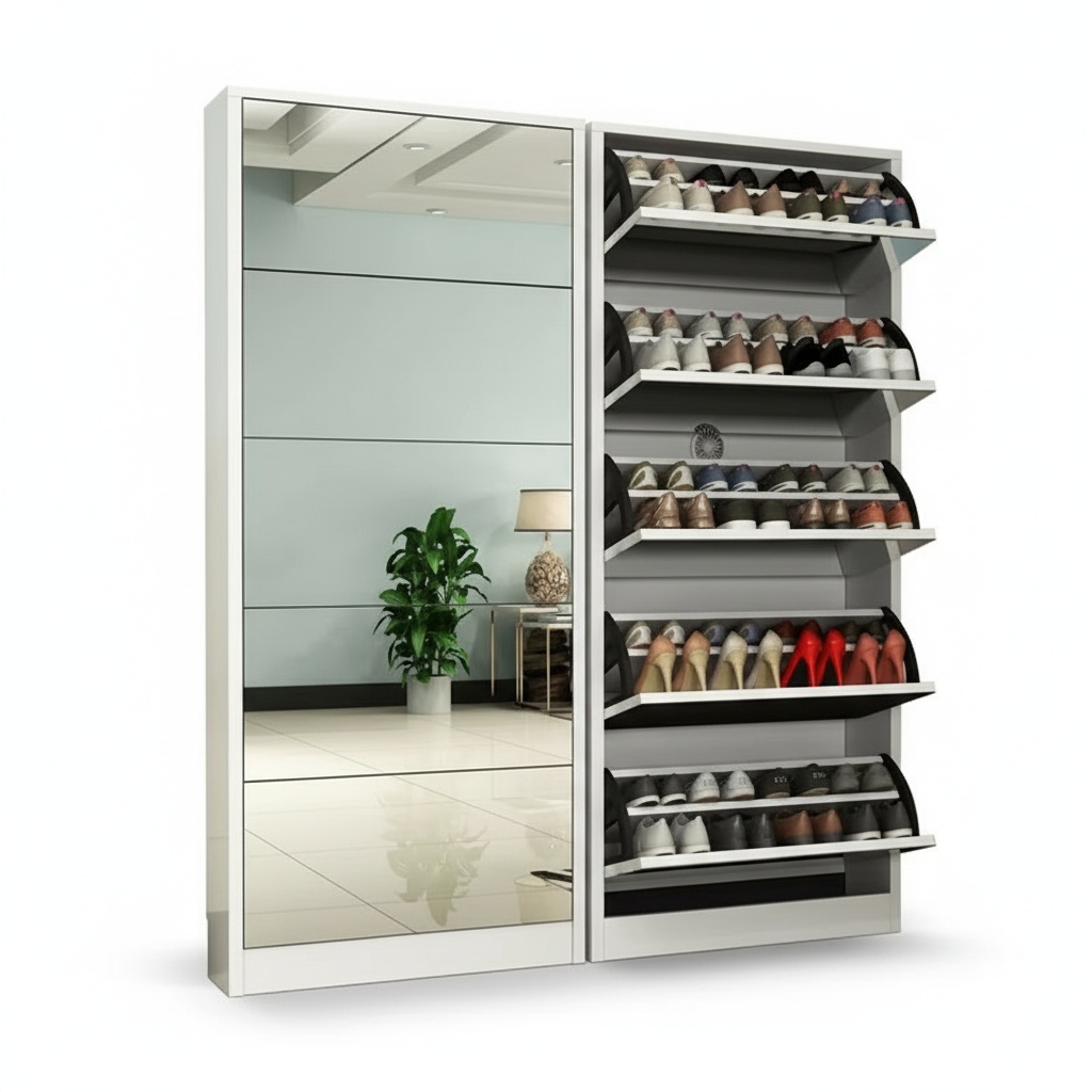 Shoe Rack Cabinet Narrow Entryway - モダンな木製靴箱、鏡付きスリム玄関靴収納オーガナイザー、狭い廊下や玄関ホール用の家庭用家具