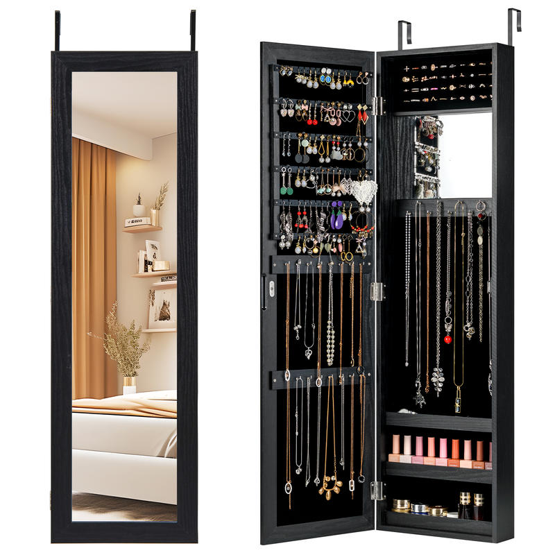 Full Length Mirror Jewelry Armoire - ロック付きジュエリーアルモア、壁掛けMDFキャビネット、全身鏡とLEDライト付き、40個のリングスロット、25個のフック、ベルベット裏地付き、寝室収納オーガナイザー、ブラック