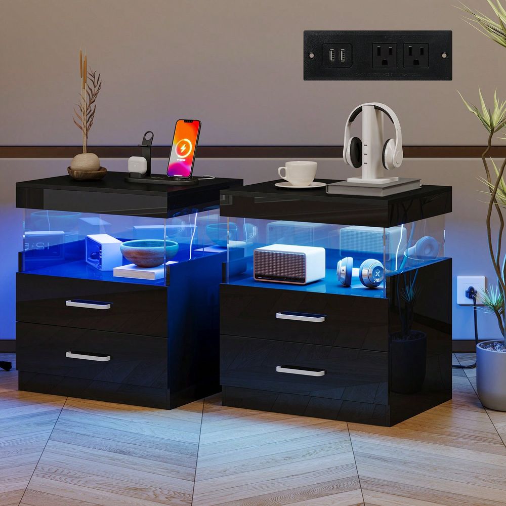 Floating Nightstand With Led Light - ブラックLEDエンドテーブルナイトスタンド（充電ステーション付き）、LEDライト付き高光沢ナイトスタンド、モダンなアクリル製フローティングソファベッド
