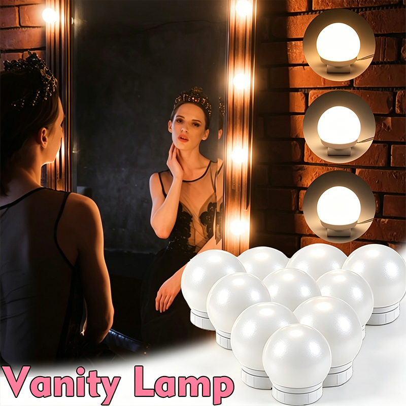 Dressing Table Vanity With Lighted Mirror - 10個のLEDバニティミラーライト電球キット、調光可能なハリウッドメイクアップウォールランプ、3色モード付き、ドレッシングテーブル、寝室、バスルーム用
