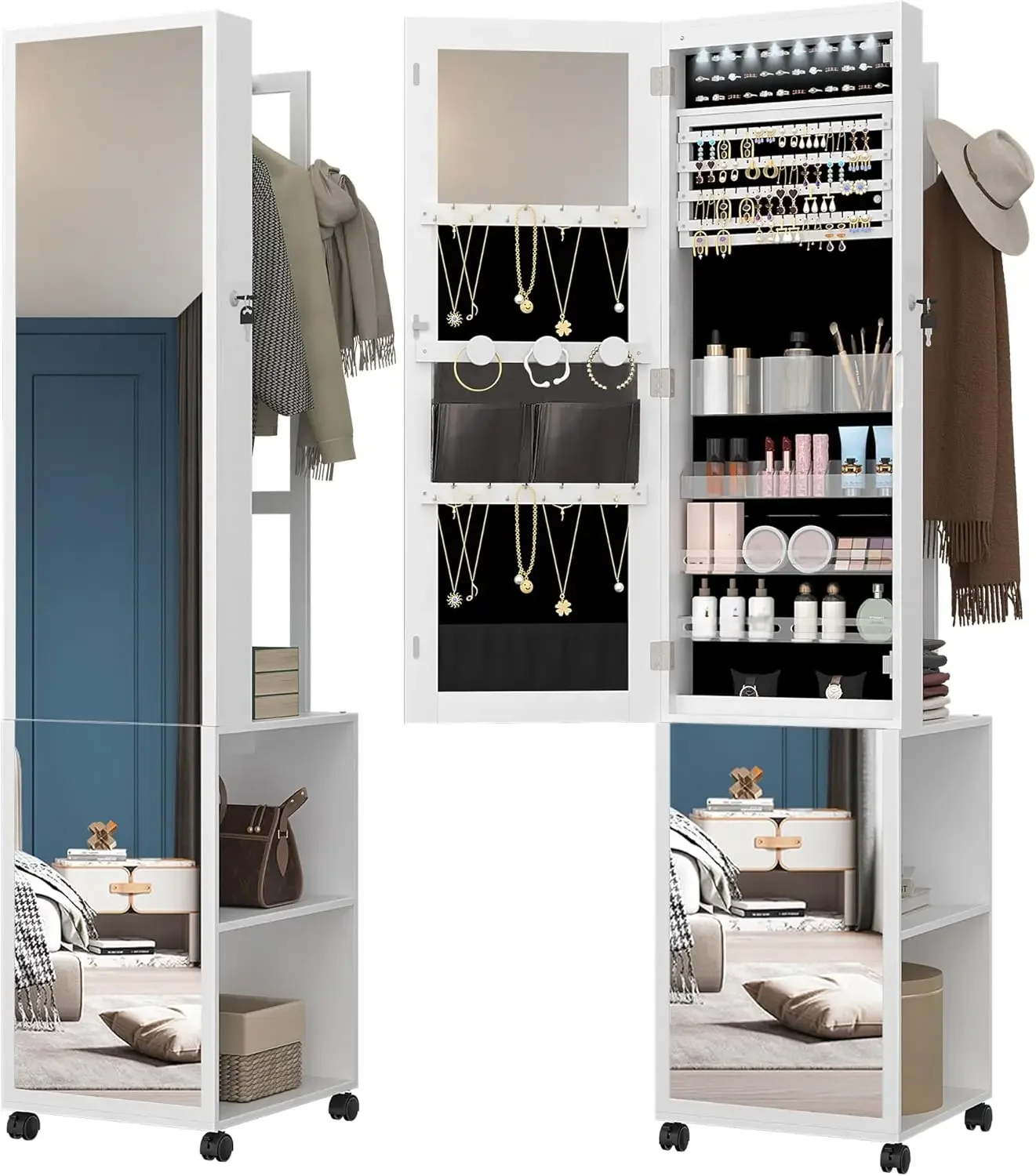 Full Length Mirror Jewelry Armoire - 8 LEDライト付きジュエリーキャビネット、66.9インチのジュエリーオーガナイザー、衣類ラック付き、ロック可能な全身鏡、4輪付き、収納可能