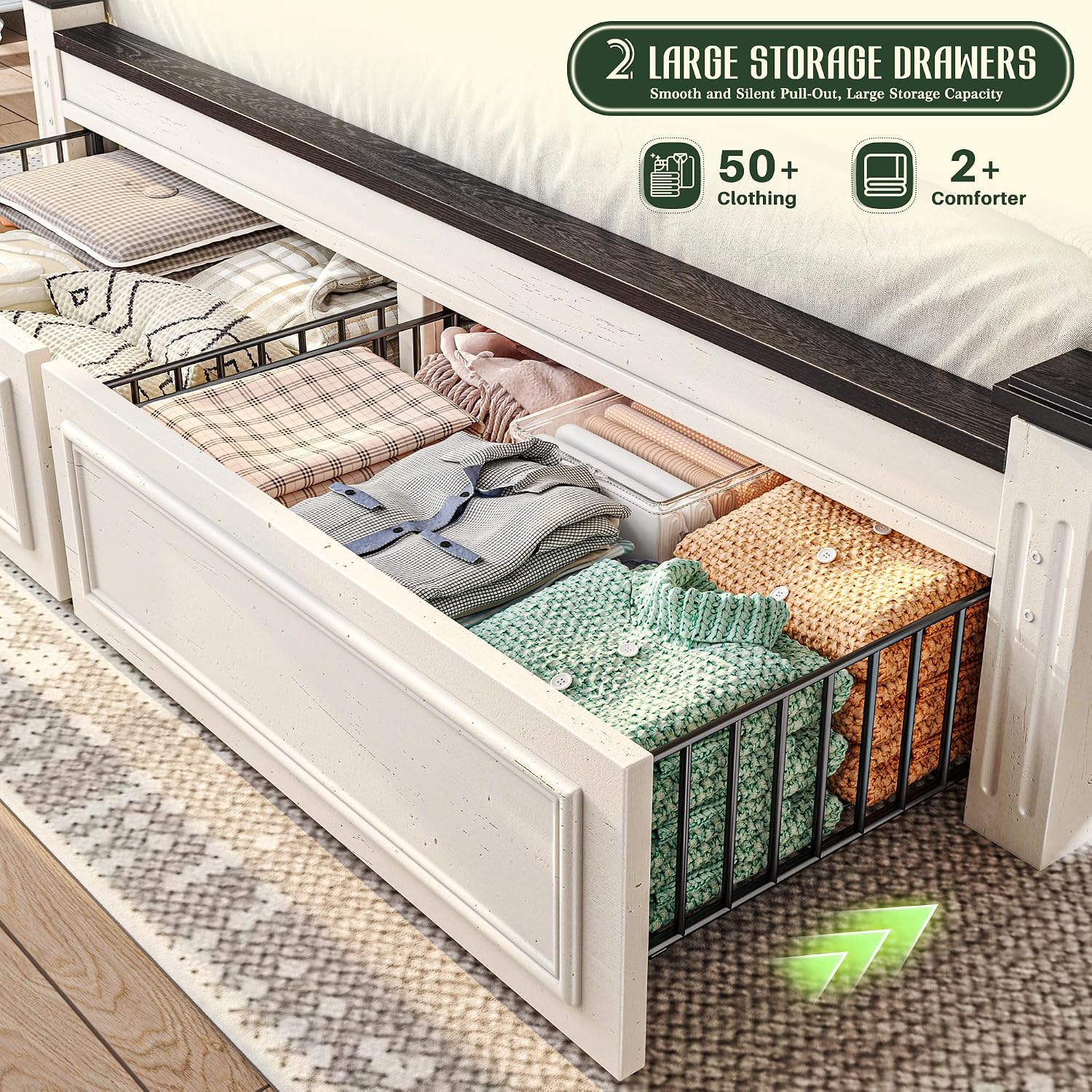 King Size Bed Frame With Storage Drawers - キングサイズベッドフレーム、高さ51インチのヘッドボードと2つの引き出し収納付き、カスタマイズ可能