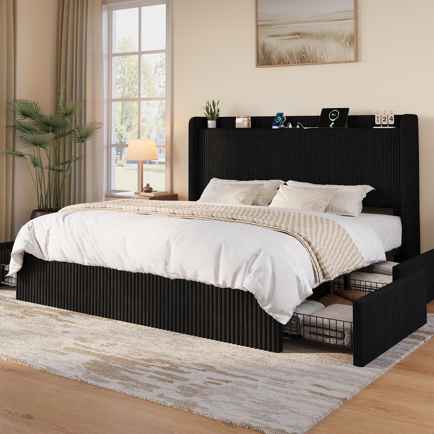 King Size Bed Frame With Storage Drawers - 特大収納引き出し4つ付きキングサイズベッドフレーム、ブラック、カスタマイズ可能
