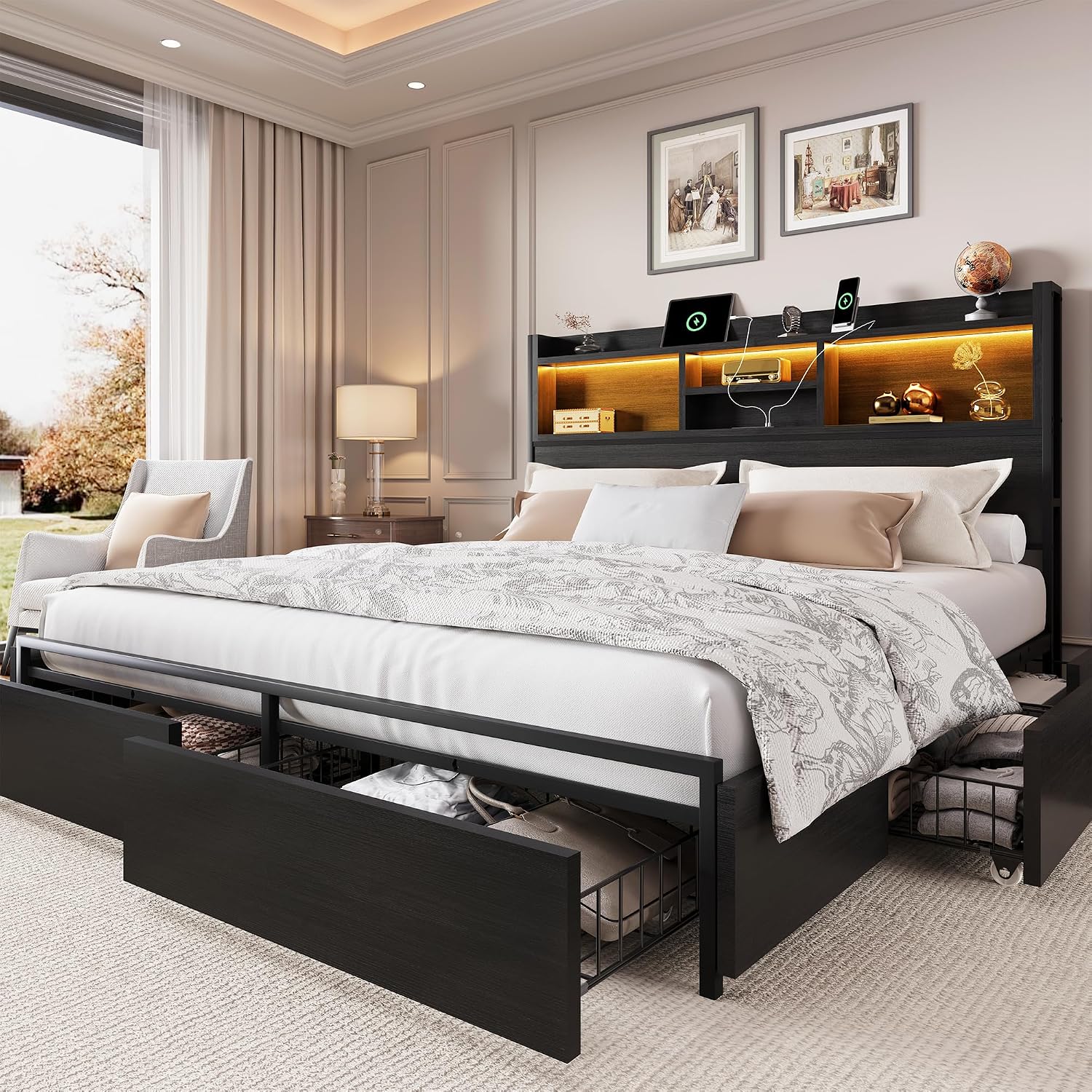 King Size Bed Frame With Storage Drawers - キングサイズベッドフレーム、6つの収納引き出しとヘッドボード付き木製プラットフォームベッドフレーム、LEDライトと充電機能付き、カスタムメイド