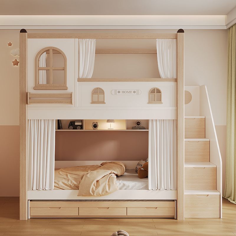 Bunk Bed With Stairs And Slide - 子供用二段ベッド スライドと収納階段付き クイーンサイズ 子供部屋家具 棚とガードレール付き 子供用ベッド