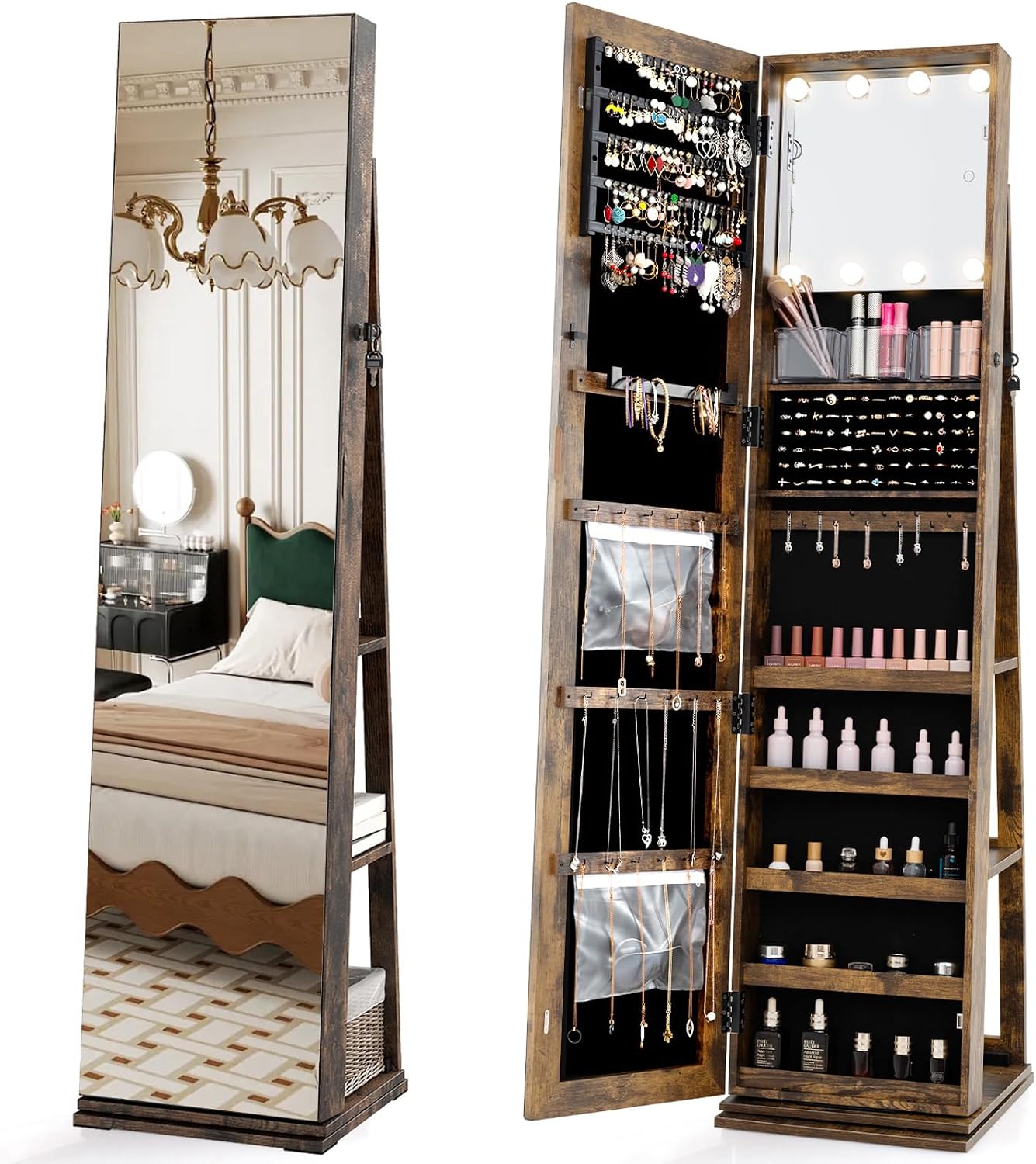 Full Length Mirror Jewelry Armoire - 回転式ジュエリーアルモア 全身鏡 照明付きメイクアップミラー 360度回転キャビネットオーガナイザー イヤリング リング