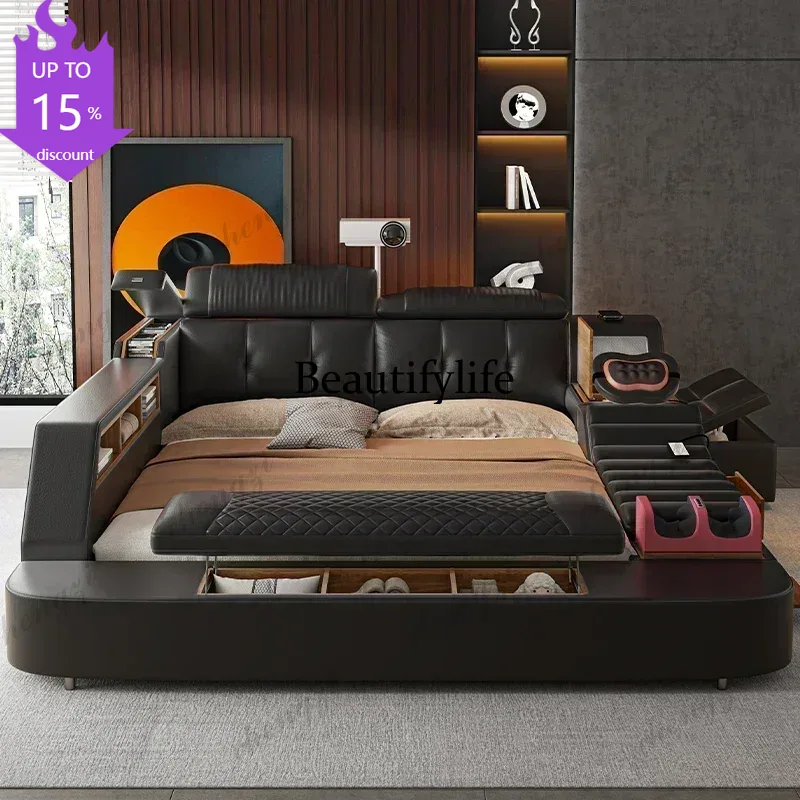 King Size Bed Frame With Storage Drawers - A182 ブラックキングサイズフレームダブルベッド 引き出し収納付き 多機能マッサージベッド 収納付き モダンベッドルーム用