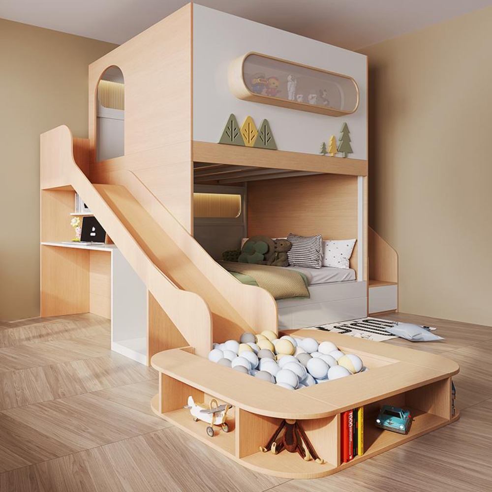 Bunk Bed With Stairs And Slide - 宇宙カプセル型ツリーハウス二段ベッド、滑り台とボールプール付き、子供用ハイロースリーパーツインベッドフレーム、寝室用階段付き
