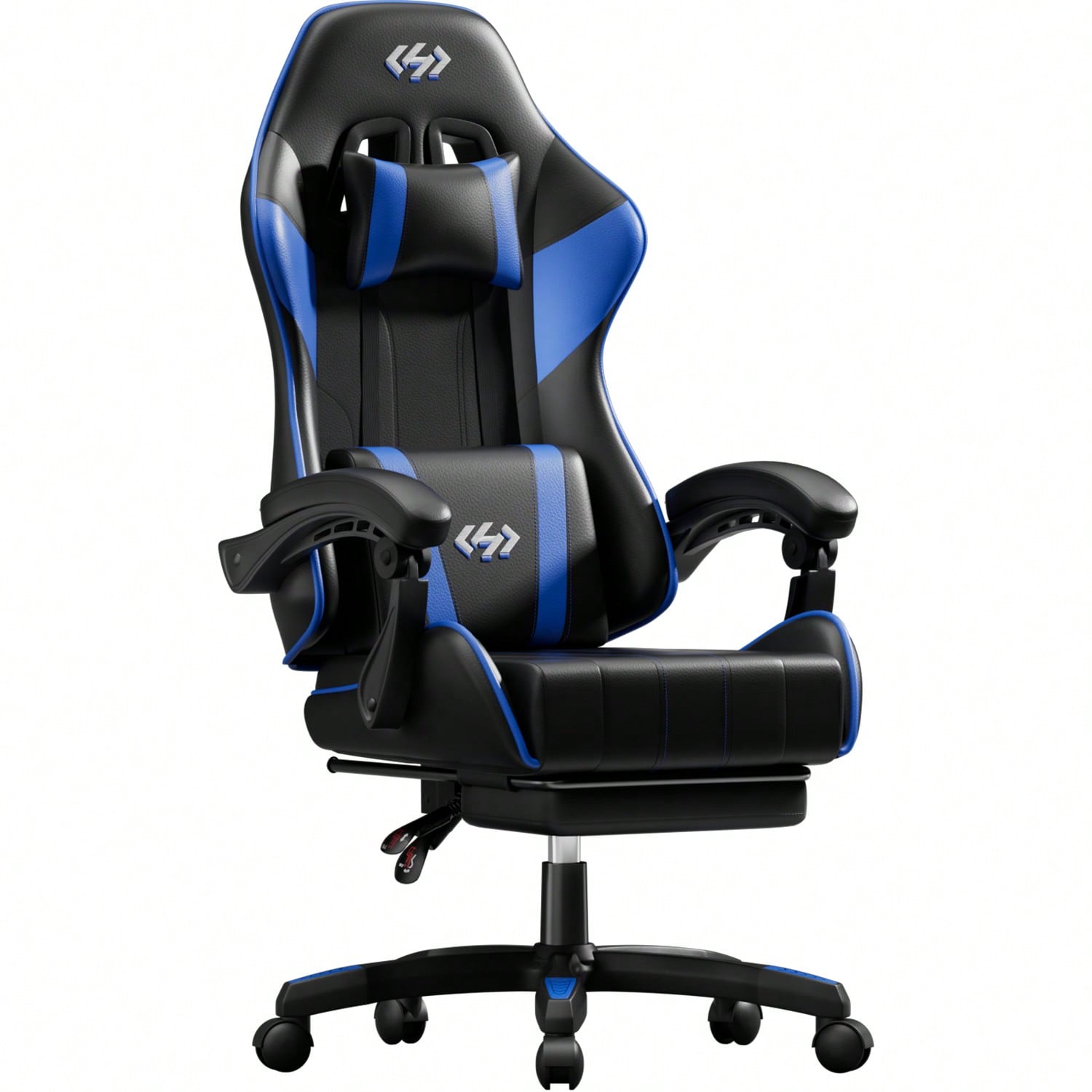 Sofas - HLDIRECTゲーミングチェア、人間工学に基づいたコンピューターオフィスチェア、ランバーサポート、フットレスト、ヘッドレスト付き、高さと背もたれの角度調整可能、ビデオゲーマーチェア、PUレザー、360度回転 ° スイベル、大人用、黒と青