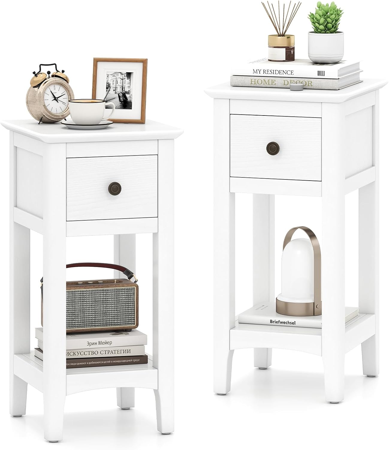 Solid Wood Nightstand 2 Drawers - 狭いエンドテーブル（引き出し付き2個セット）、高さ23.5インチのサイドテーブル（オープン収納棚と無垢材フレーム付き）、寮用小型ナイトスタンド