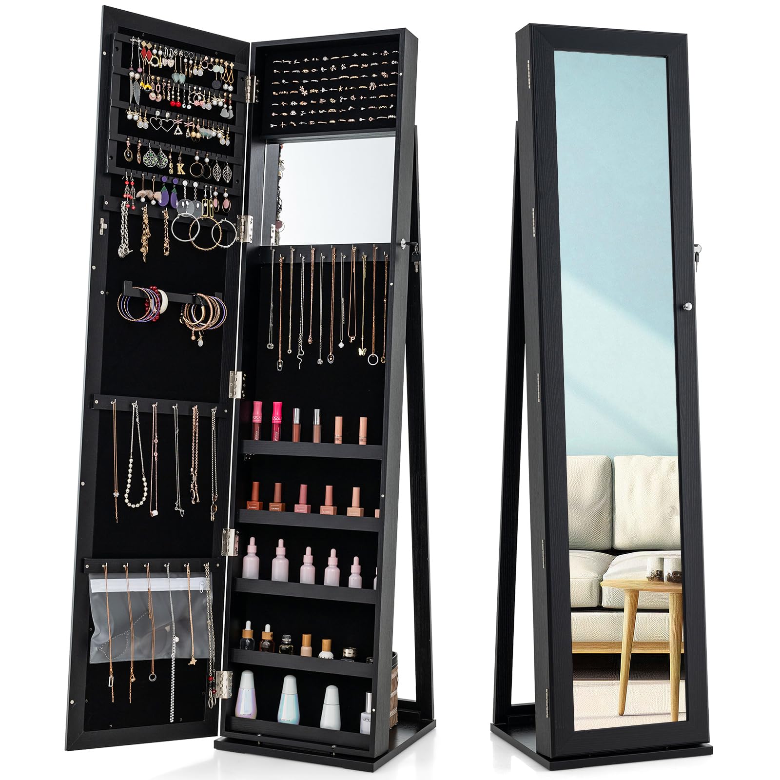 Full Length Mirror Jewelry Armoire - 高さ62インチの全身鏡付きジュエリーアルモアキャビネット、鍵付き大型収納付き自立型ジュエリーオーガナイザー