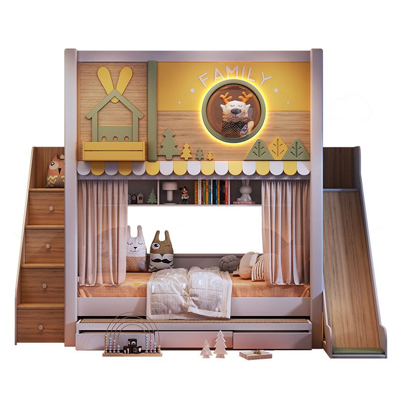 Bunk Bed With Stairs And Slide - モダンな森のテーマの子供用二段ベッド、スライド式収納階段、引き出し、本棚付き、男の子と女の子のための子供部屋家具