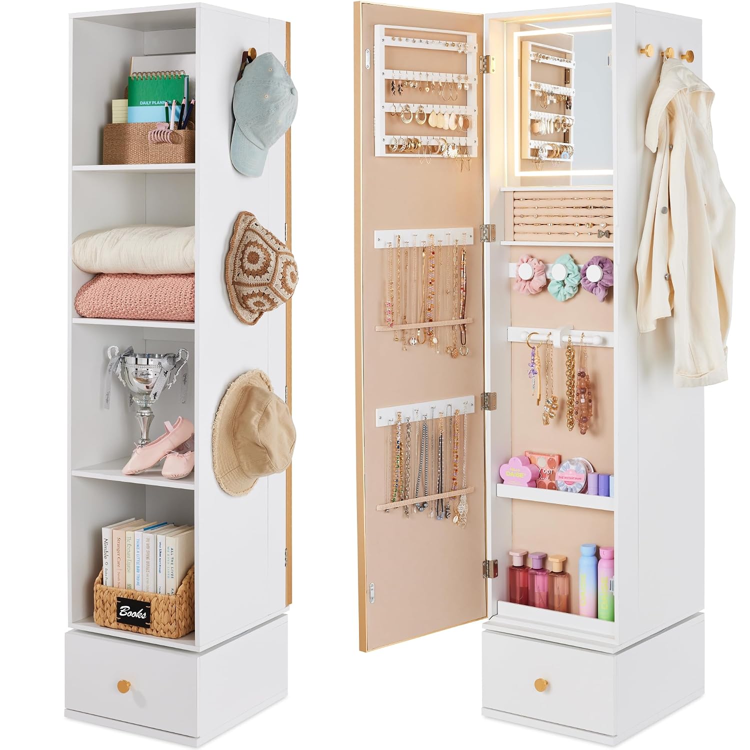 Full Length Mirror Jewelry Armoire - 回転式ミラー付き収納キャビネット、360度回転ジュエリーアルモア（全身鏡付き）、ゴールドメタルフレームタワー（キューブ型棚付き）