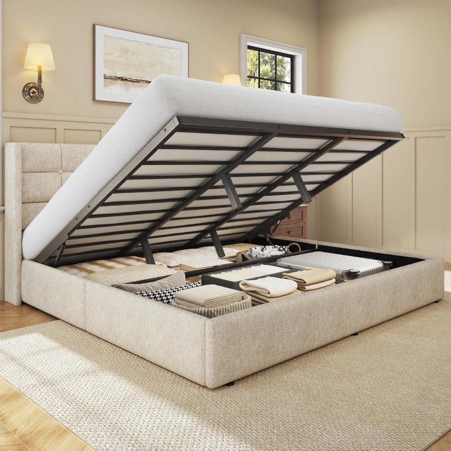 Gas Lift Storage Bed Hydraulic - サイズ調整可能な収納付きベッドフレーム。リネン生地で覆われたプラットフォームベッドで、背もたれ付きのヘッドボードが付いています。頑丈な油圧式ガスリフト機構を備えた下部収納スペース。