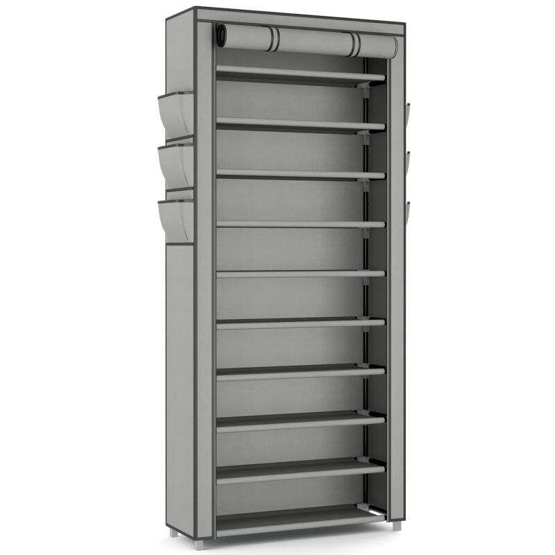 Shoe Rack Cabinet Narrow Entryway - 縦型狭い靴棚オーガナイザー、クローゼット玄関用背の高い靴棚、10段不織布カバー付き靴棚、36～41足収納可能、自立型靴収納キャビネット、防塵カバー付き、10列、グレー