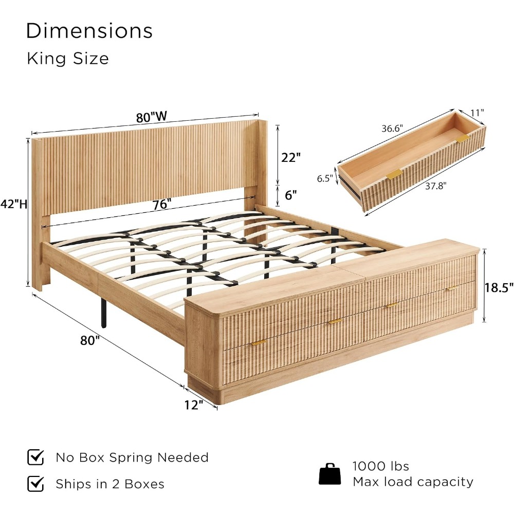 キングサイズベッドフレーム、収納ベンチ付き、ウィングバックヘ - King Size Bed Frame With Storage Drawers のレビューと価格