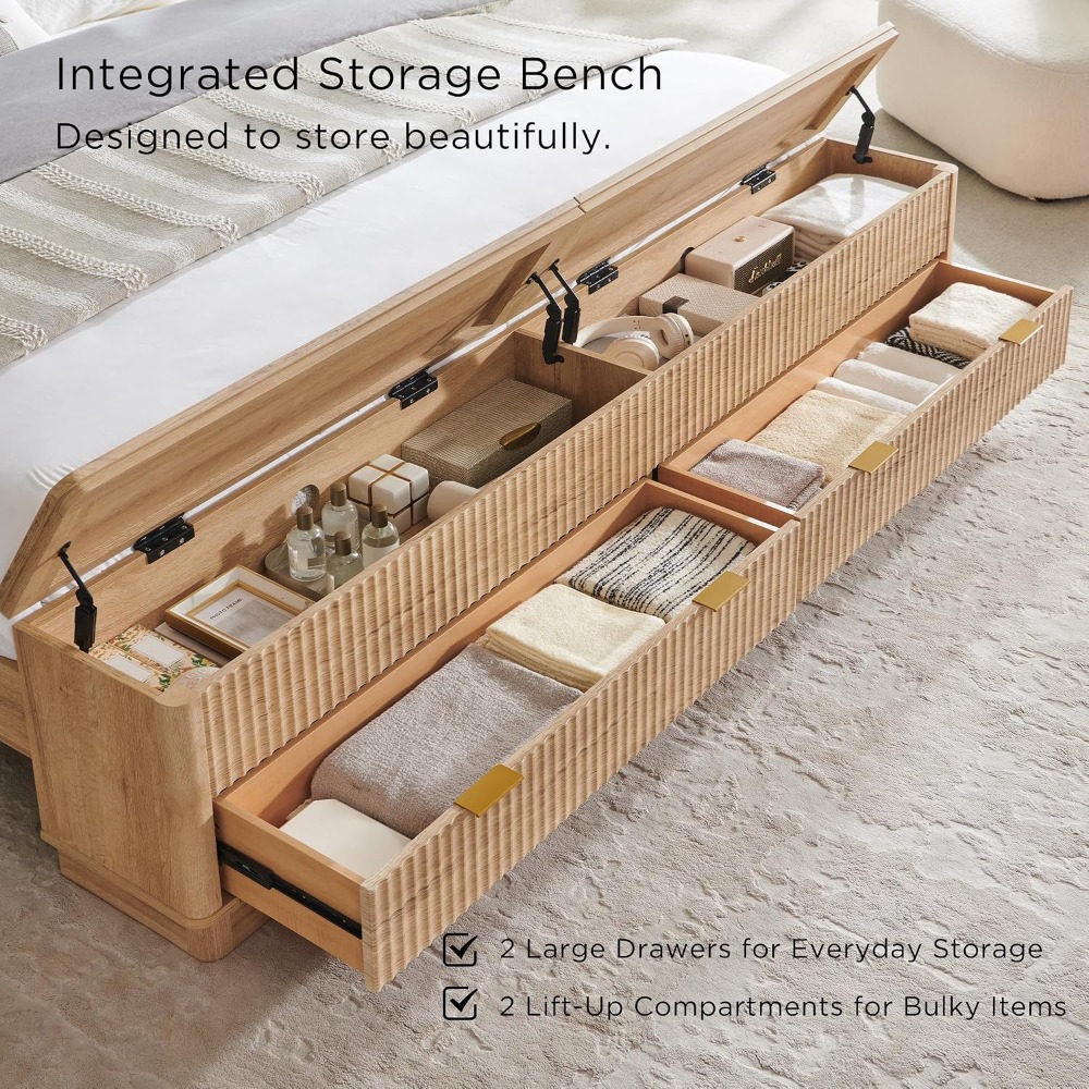 キングサイズベッドフレーム、収納ベンチ付き、ウィングバックヘ - King Size Bed Frame With Storage Drawers のレビューと価格