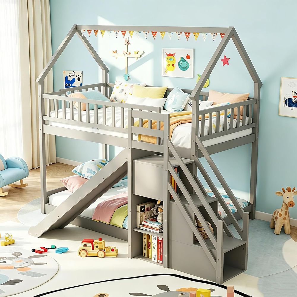 ツインオーバーツイン二段ベッド（スライド＆階段付き）、木製二 - Bunk Bed With Stairs And Slide のレビューと価格