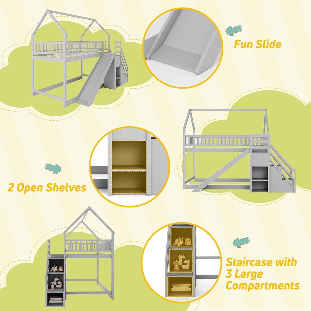 ツインオーバーツイン二段ベッド（スライド＆階段付き）、木製二 - Bunk Bed With Stairs And Slide のレビューと価格