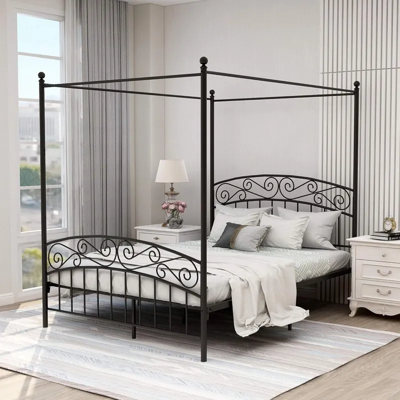 クイーンサイズのキャノピーベッドフレーム、四柱式の金属製ベッ - Canopy Bed Frame Metal Queen のレビューと価格