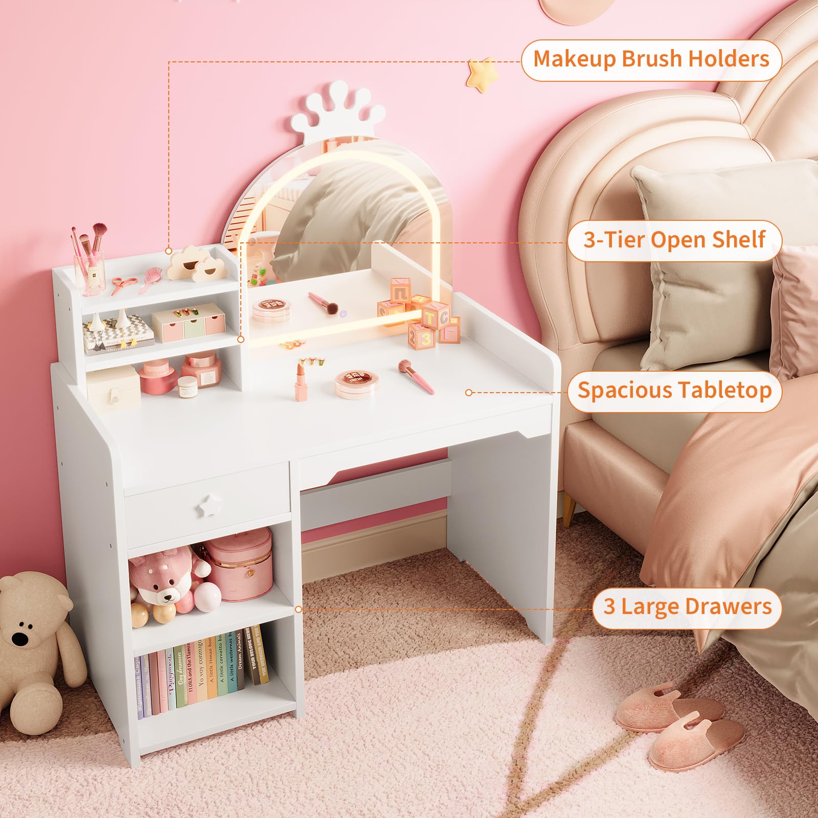 子供用化粧台＆チェアセット - クラウン型LEDライト付きミ - Dressing Table Vanity With Lighted Mirror のレビューと価格