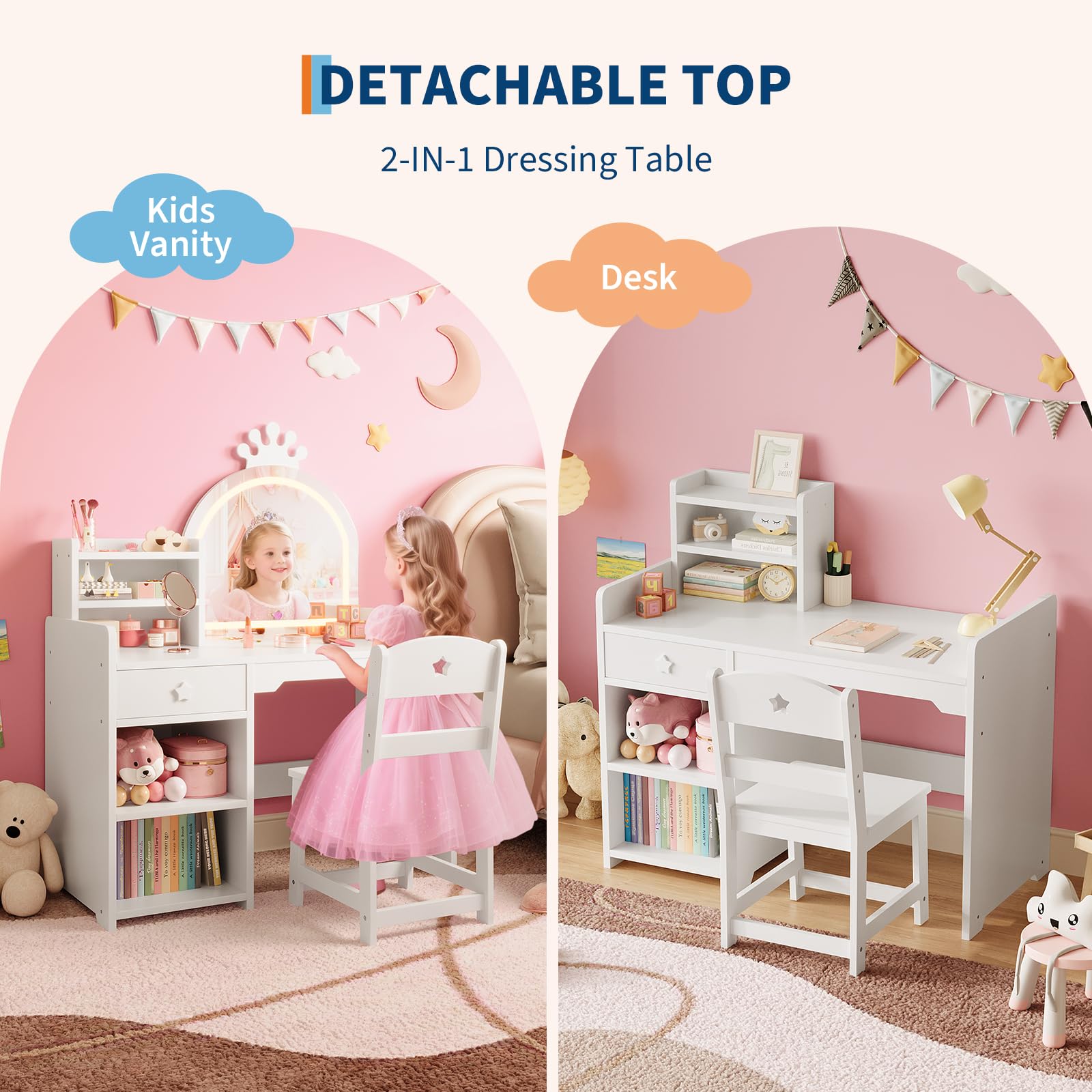 子供用化粧台＆チェアセット - クラウン型LEDライト付きミ - Dressing Table Vanity With Lighted Mirror のレビューと価格