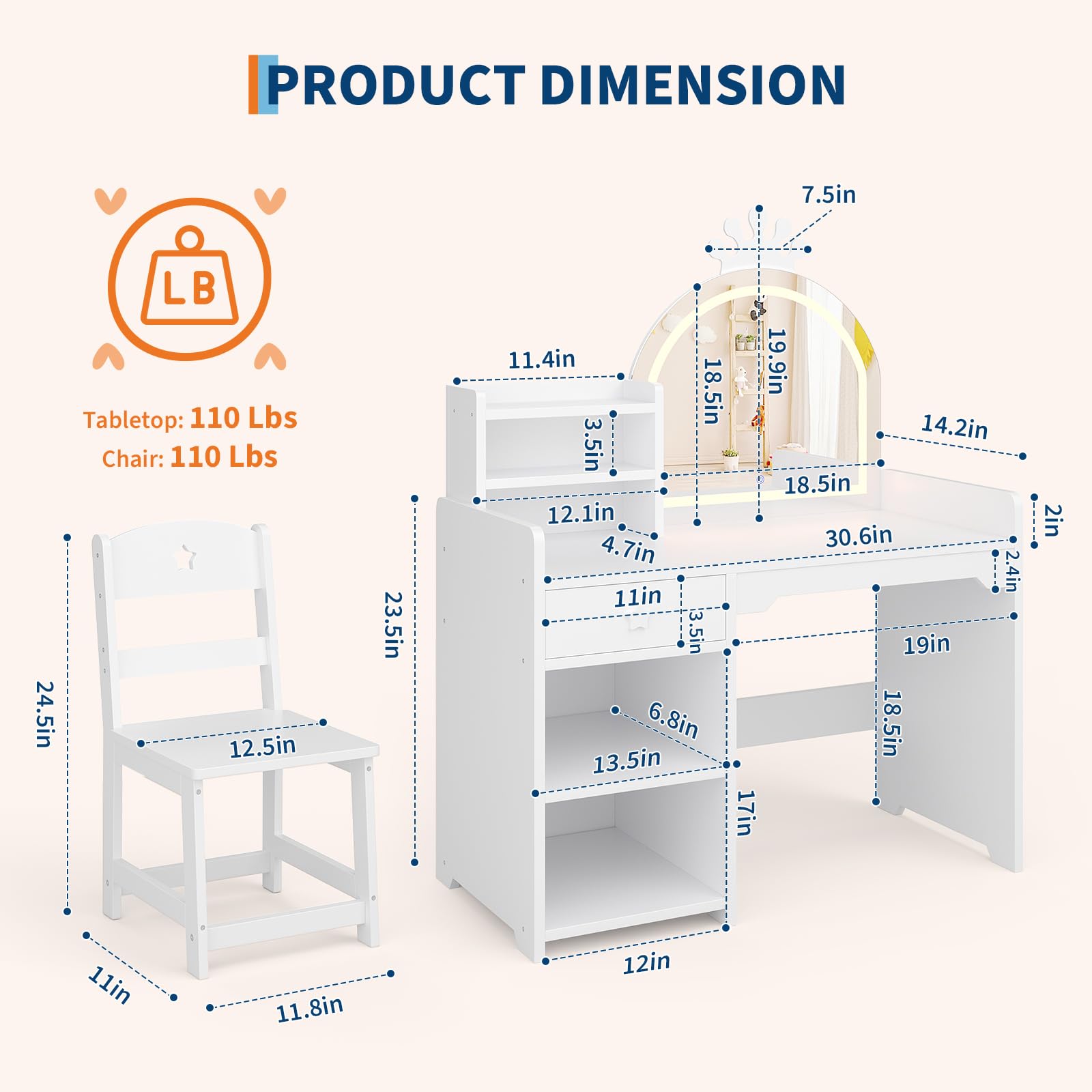 子供用化粧台＆チェアセット - クラウン型LEDライト付きミ - Dressing Table Vanity With Lighted Mirror のレビューと価格