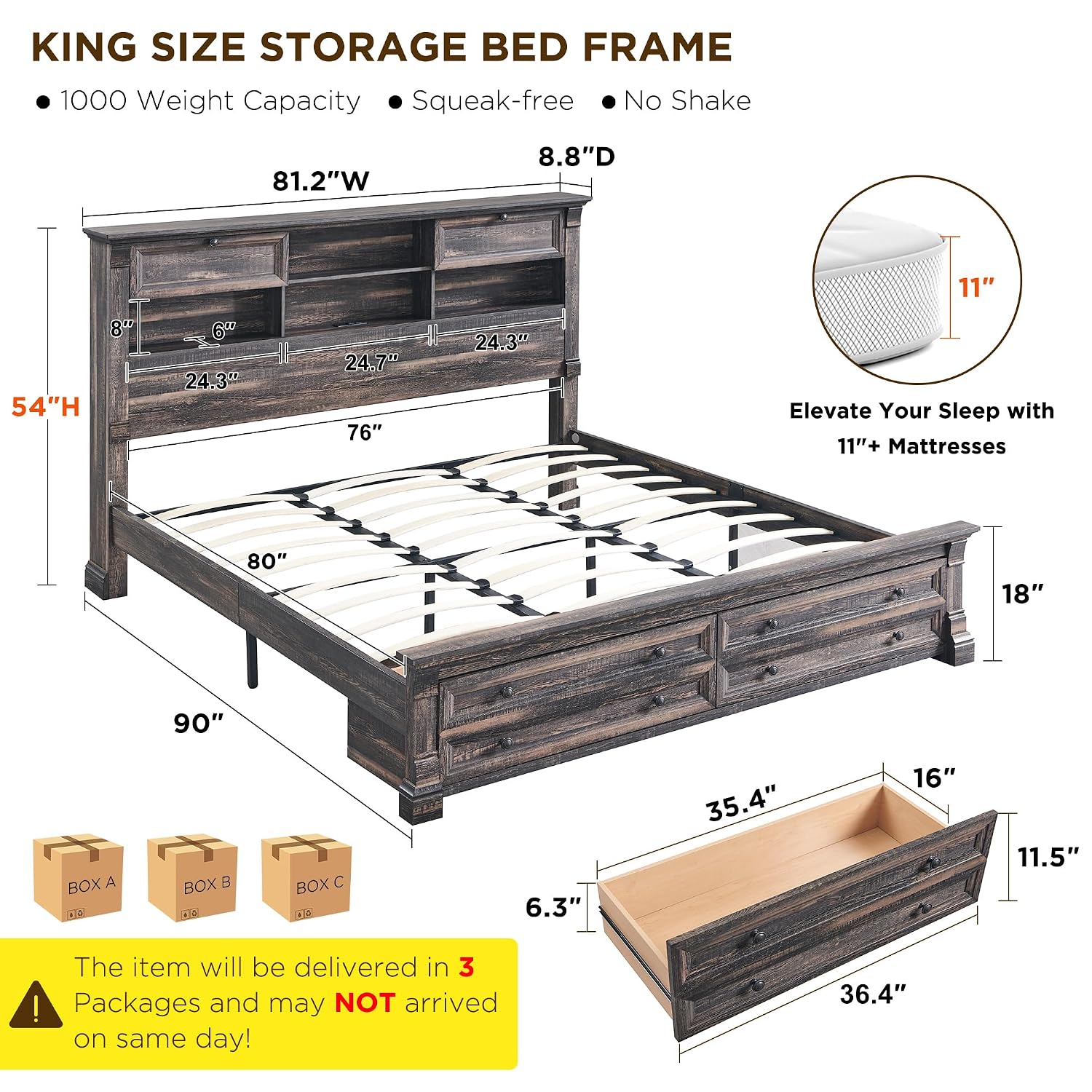 キングサイズベッドフレーム、54インチヘッドボード、4つの収 - King Size Bed Frame With Storage Drawers のレビューと価格