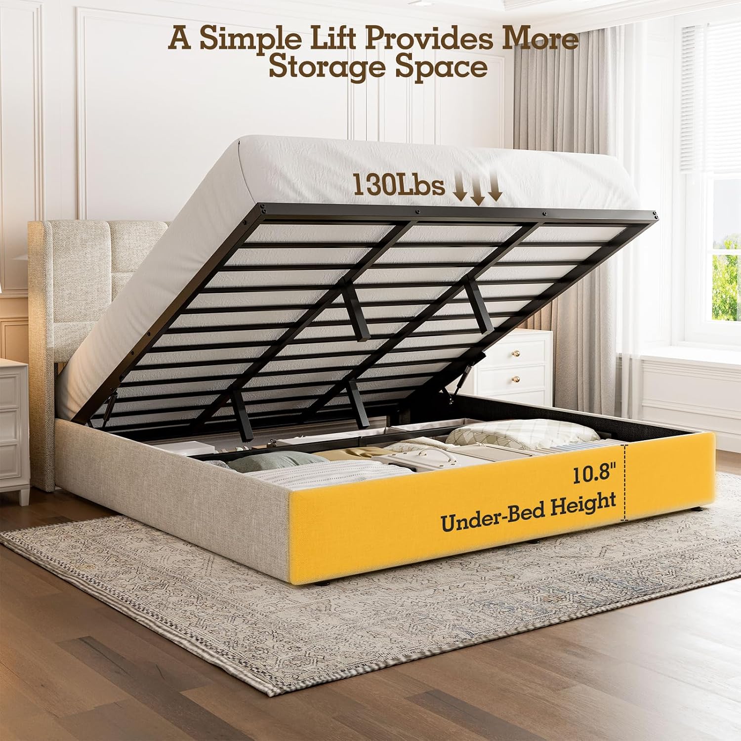 キングサイズベッドフレーム、油圧式ガスリフト、収納付き、リネ - Gas Lift Storage Bed Hydraulic のレビューと価格