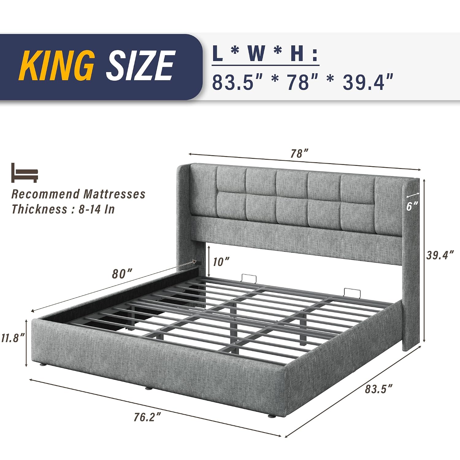 キングベッドフレーム、油圧式ガスリフト収納付き、カスタマイズ - Gas Lift Storage Bed Hydraulic のレビューと価格