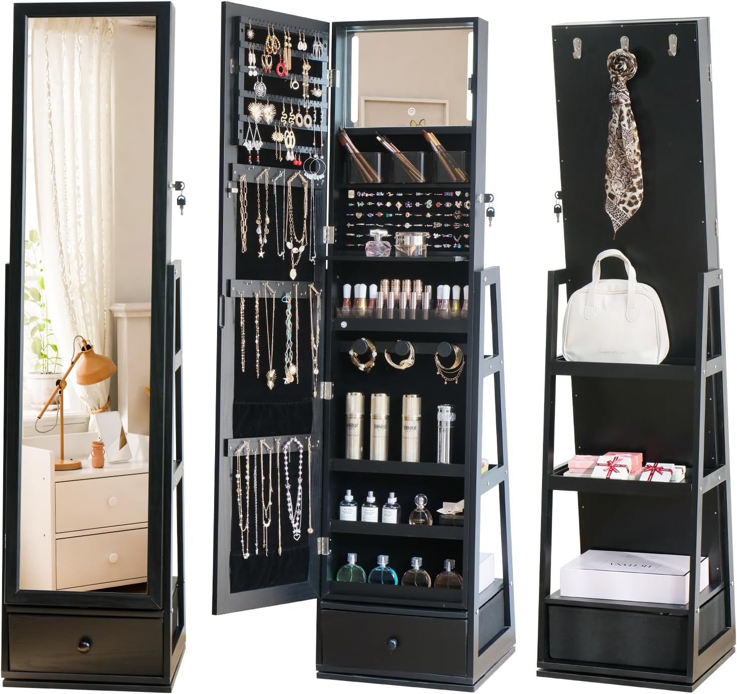全身鏡付きジュエリーキャビネット、引き出し付き、鍵付き収納、 - Full Length Mirror Jewelry Armoire のレビューと価格