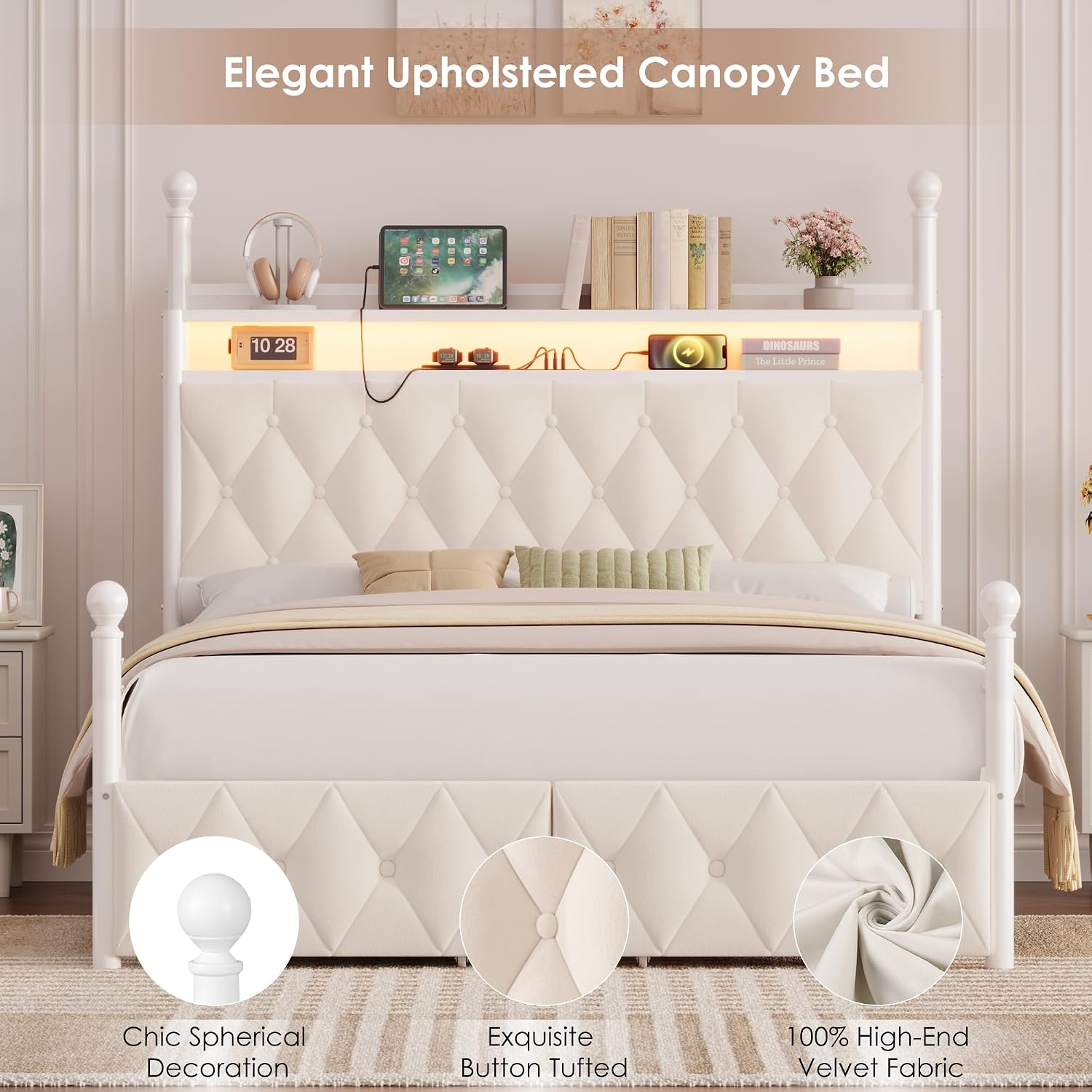 クイーンサイズLEDキャノピーベッドフレーム（収納＆充電ステ - Canopy Bed Frame Metal Queen のレビューと価格