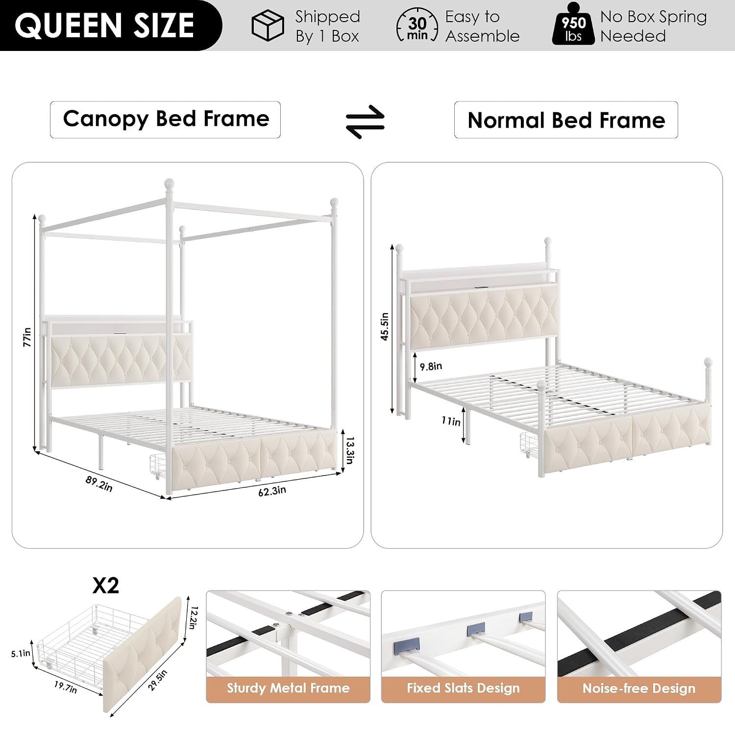 クイーンサイズLEDキャノピーベッドフレーム（収納＆充電ステ - Canopy Bed Frame Metal Queen のレビューと価格