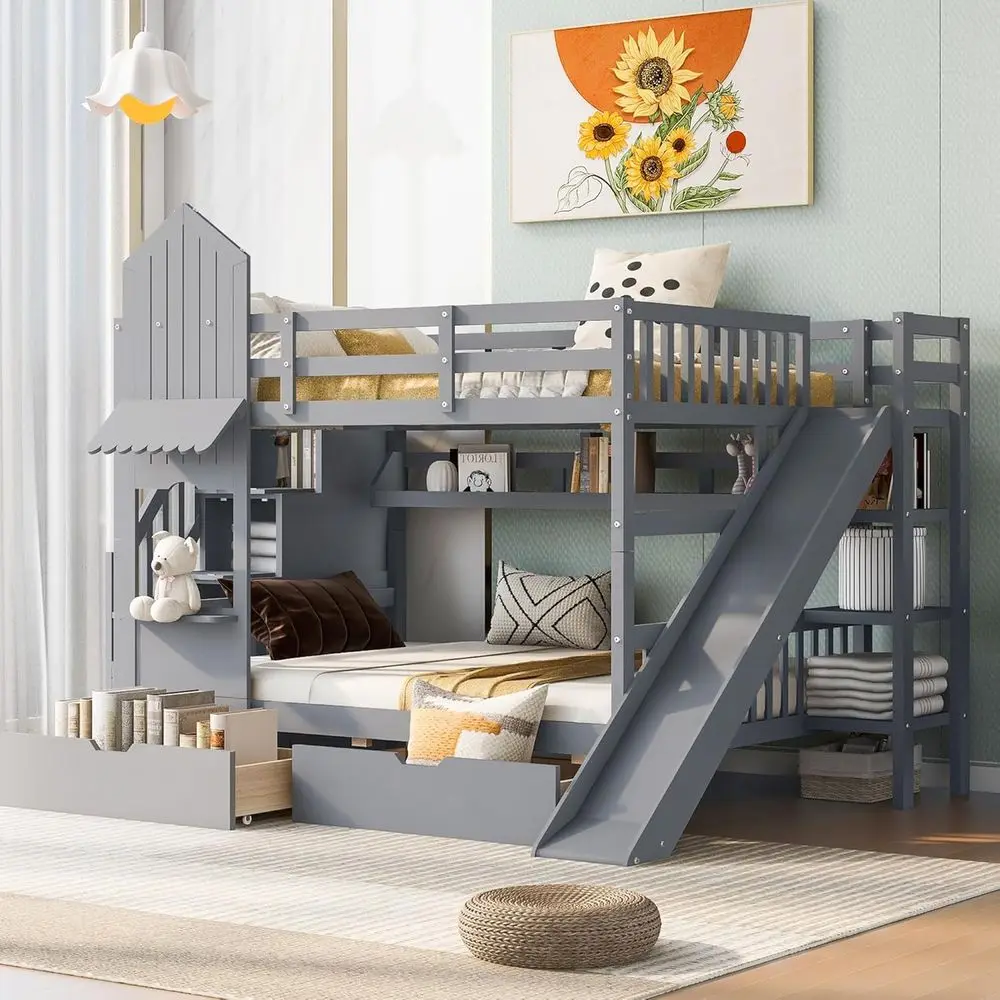 フルサイズのオーバーフル二段ベッド、階段、スライド、収納引き - Bunk Bed With Stairs And Slide のレビューと価格