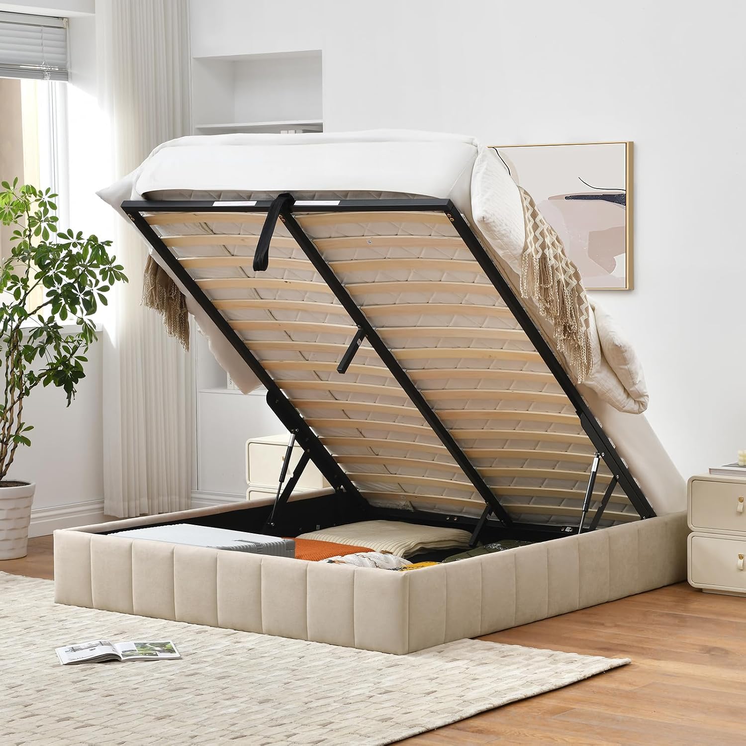 フルサイズの昇降式収納ベッドフレーム、ガス油圧機構付き布張り - Gas Lift Storage Bed Hydraulic のレビューと価格