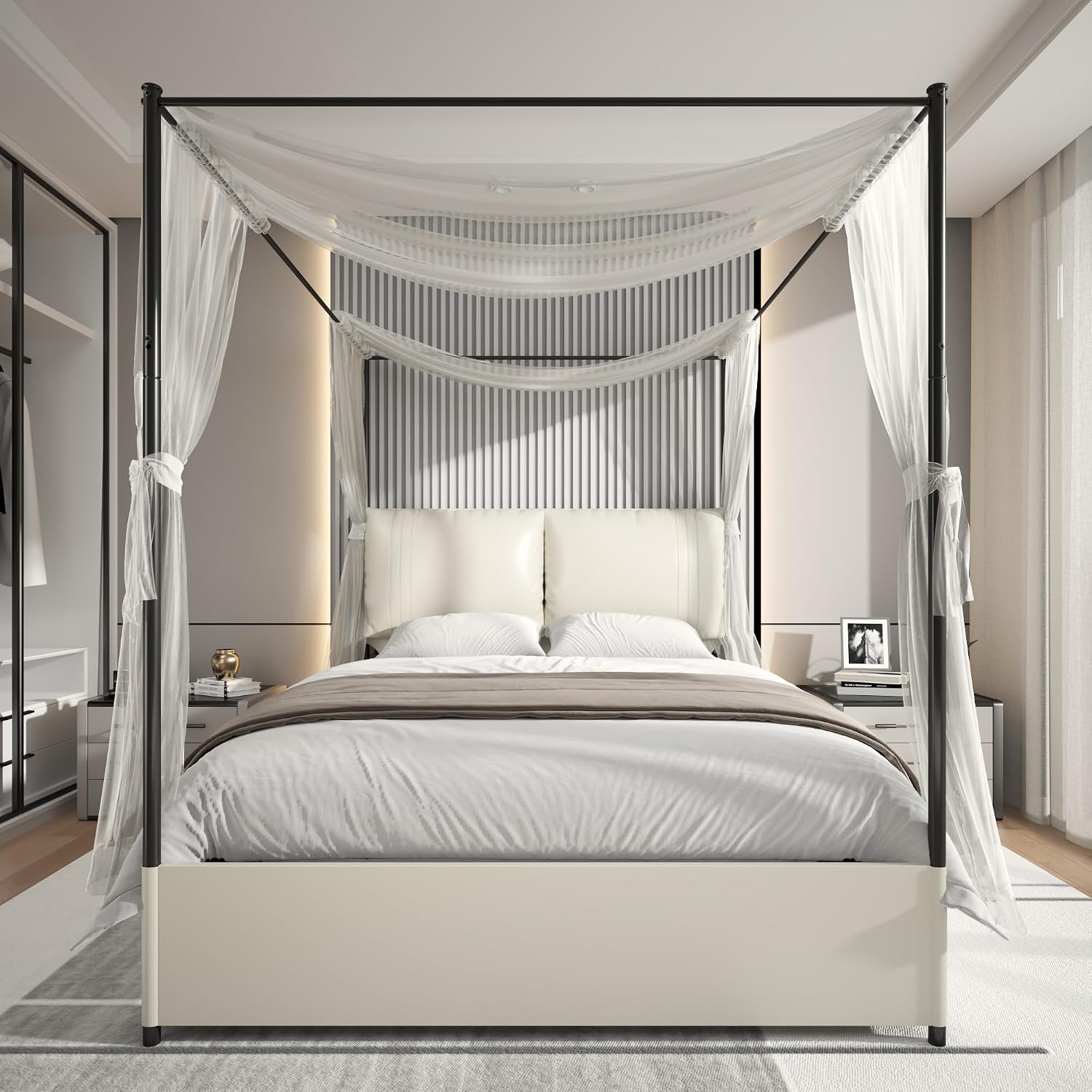 クイーンサイズのキャノピーベッドフレーム、布張りヘッドボード - Canopy Bed Frame Metal Queen のレビューと価格
