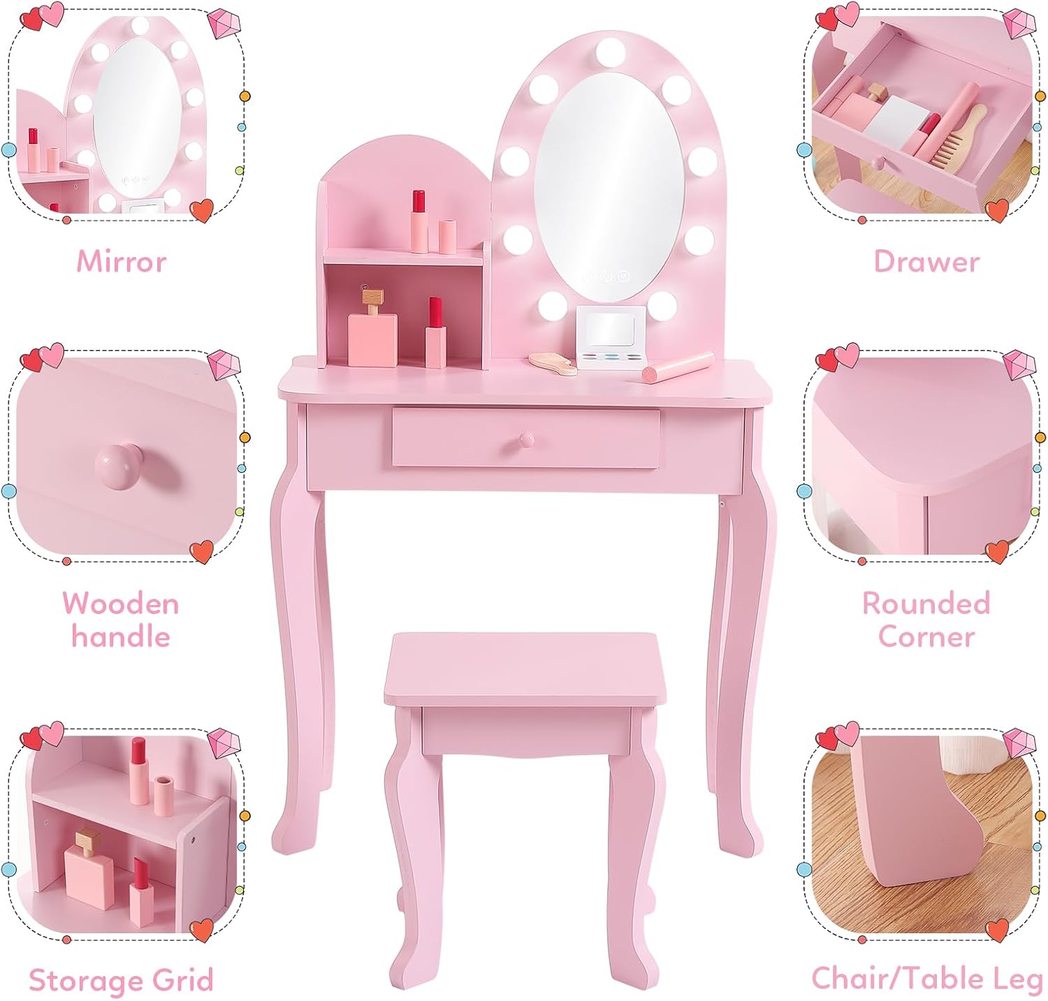 LEDライト付きの鏡、メイクアップテーブル、クッション付きの - Dressing Table Vanity With Lighted Mirror のレビューと価格