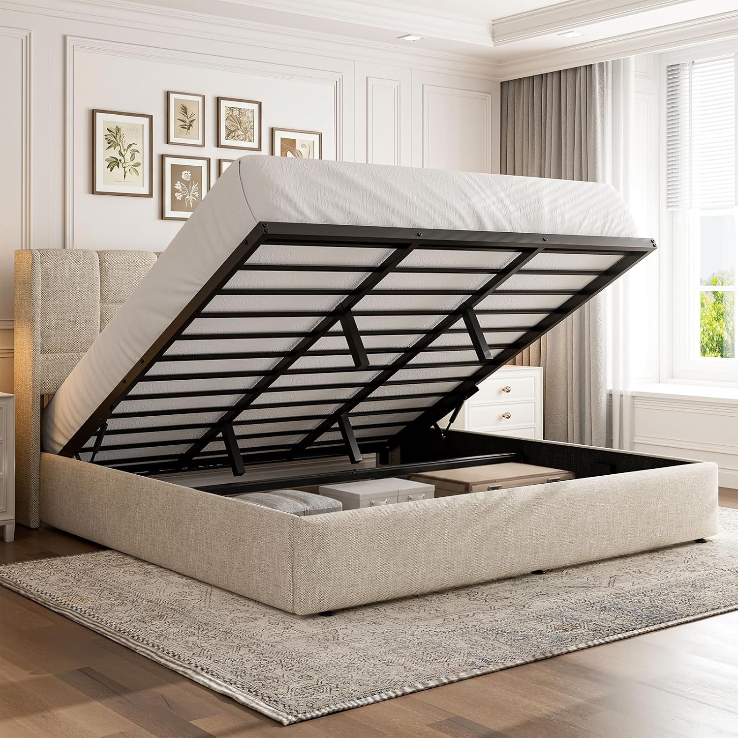 キングサイズベッドフレーム、油圧式ガスリフトアップ収納付き、 - Gas Lift Storage Bed Hydraulic のレビューと価格