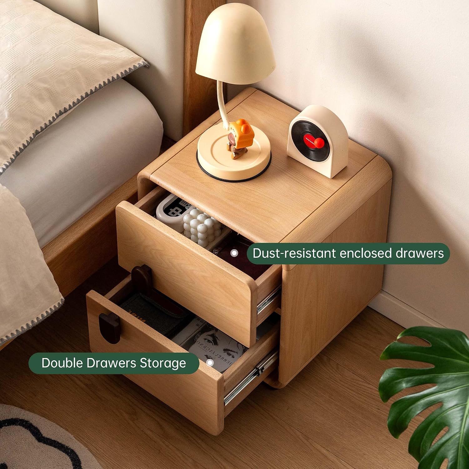 無垢材を使用した2段引き出しのナイトテーブル。丸みを帯びた角 - Solid Wood Nightstand 2 Drawers のレビューと価格