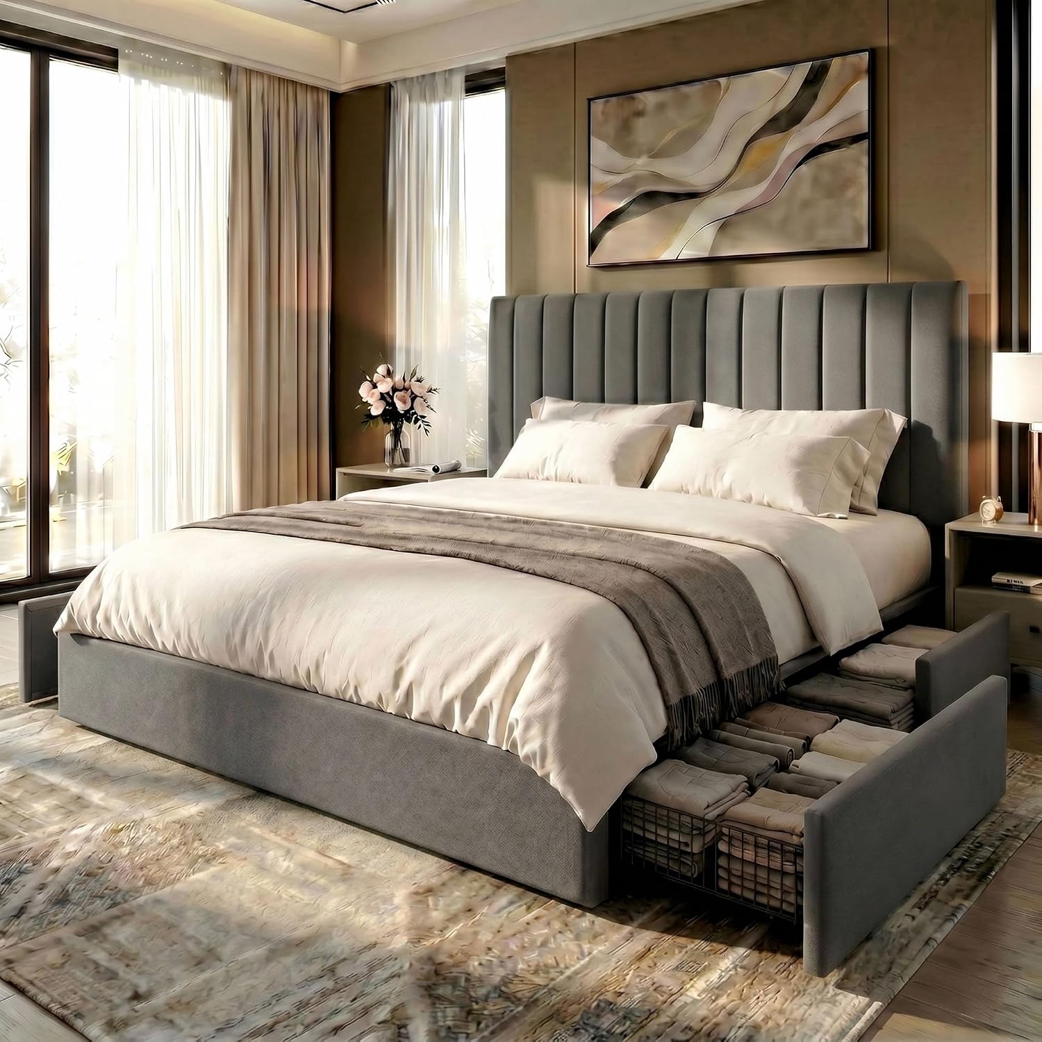 キングサイズのプラットフォームベッドフレーム。特大サイズの収 - King Size Bed Frame With Storage Drawers のレビューと価格