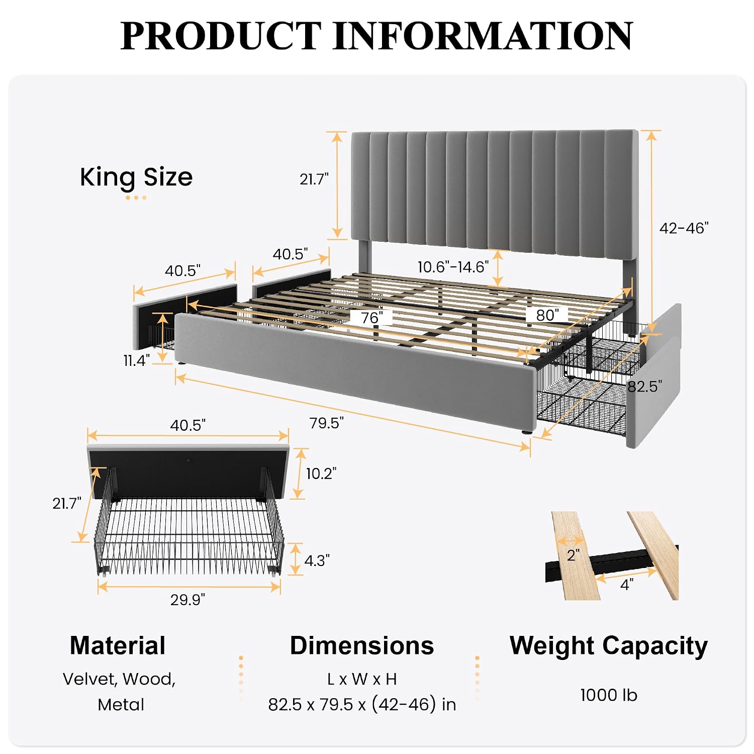 キングサイズのプラットフォームベッドフレーム。特大サイズの収 - King Size Bed Frame With Storage Drawers のレビューと価格