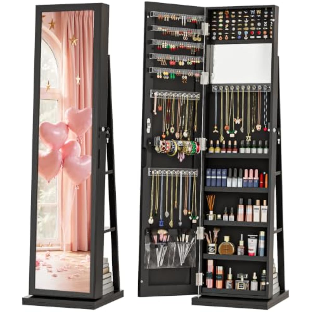 エレガントな黒の自立型ジュエリーアルモア、全身鏡付き、ベルベ - Full Length Mirror Jewelry Armoire のレビューと価格